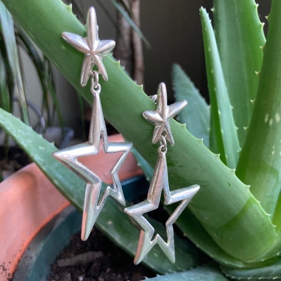 Vintage Silver Post Oversized Chunky 70s Disco Maximalist Star Earrings - Picture 1 of 6